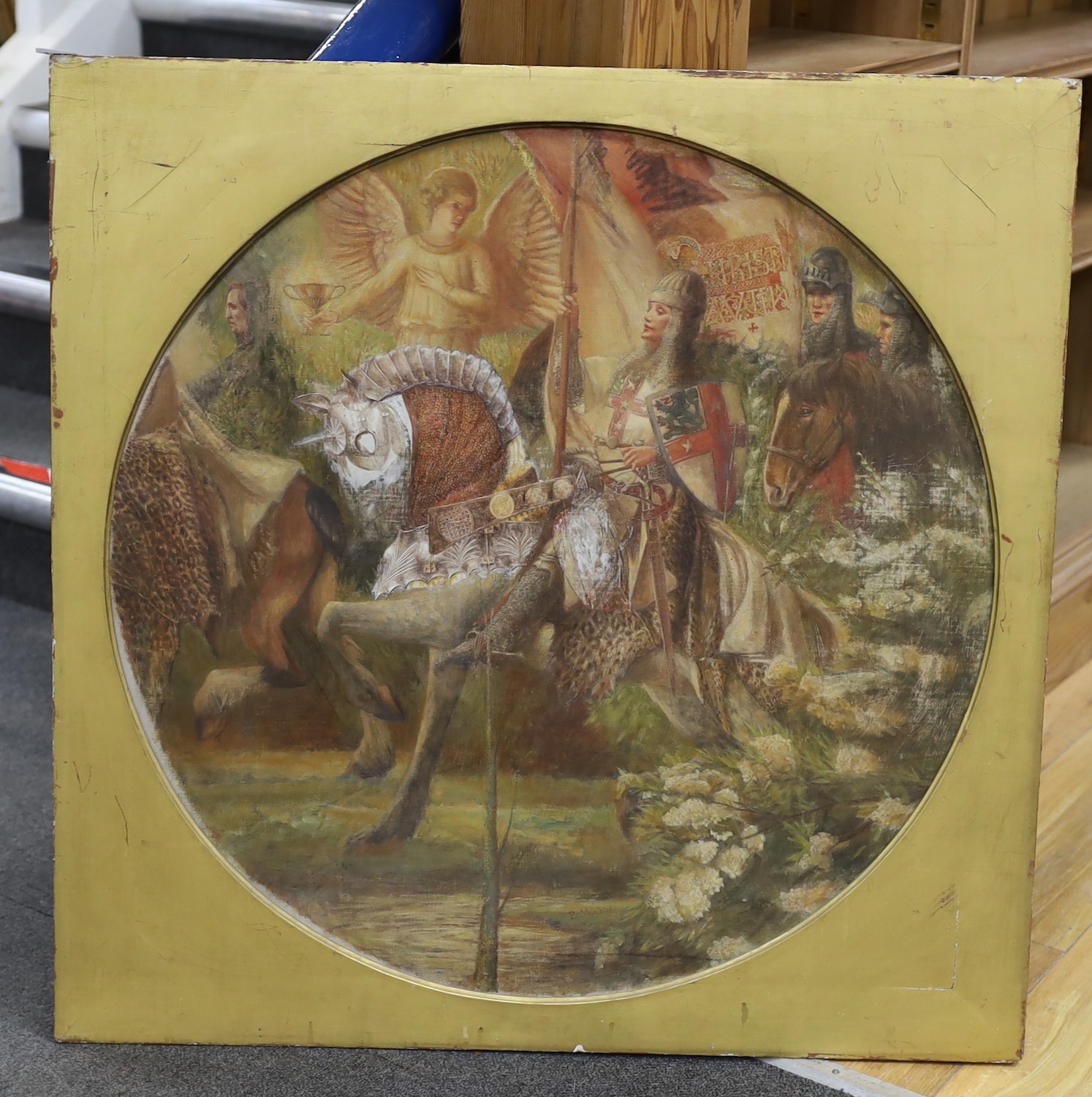P. Moore, oil on canvas, Stylised heraldic composition with figures on horseback before an angel, circular panel, indistinctly signed and dated to field P. Moore 14, 68 x 68cm